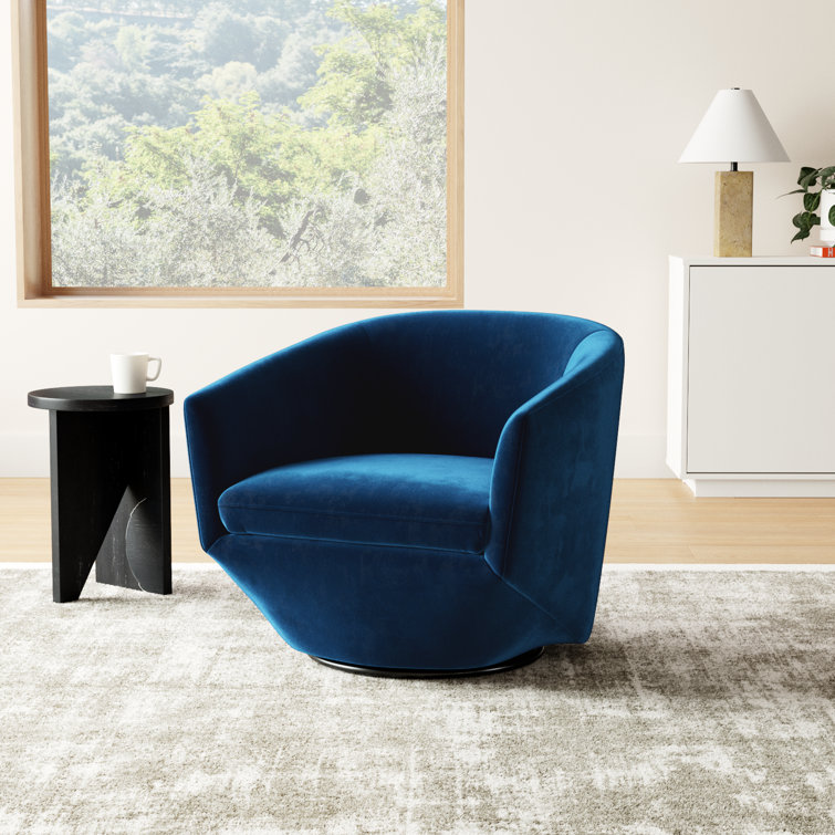 Blue Velvet Swivel Barrel Accent Chair with Wood Frame