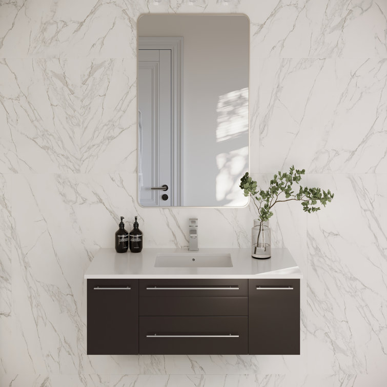 Espresso Solid Wood Wall Mount Vanity with Quartz Top and Ceramic Sink