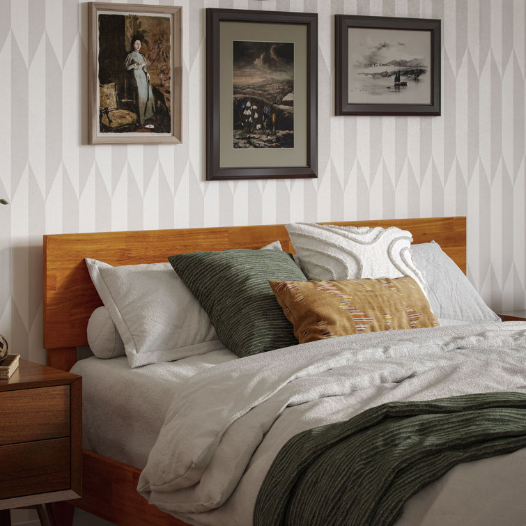 Light Toffee Full Solid Wood Low Profile Platform Bed with Adjustable Headboard