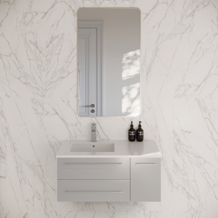 Gray Solid Wood and MDF Wall Mount Vanity with Quartz Stone Top