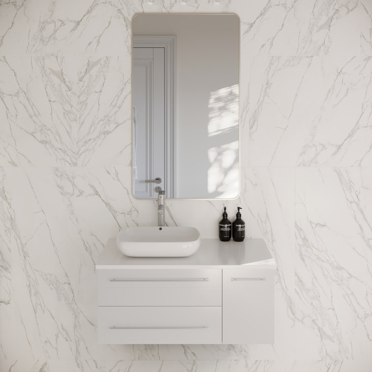 Lucera 36" White Quartz Stone Wall-Mount Vanity with Vessel Sink