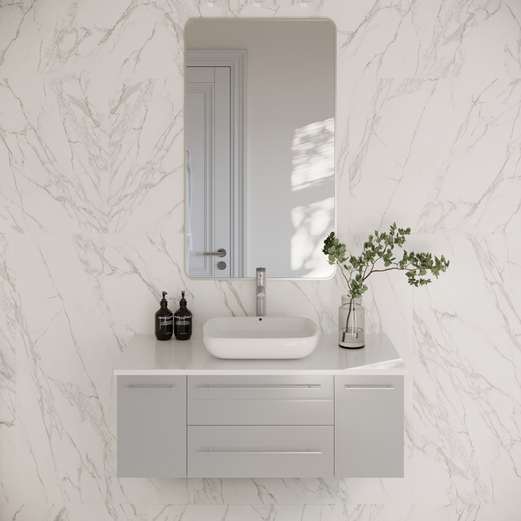 Lucera 42" Gray Wall Mount Vanity with Quartz Top and Vessel Sink