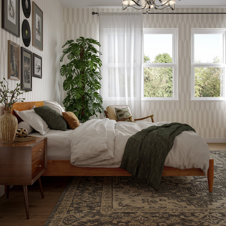 Light Toffee Full Solid Wood Low Profile Platform Bed with Adjustable Headboard