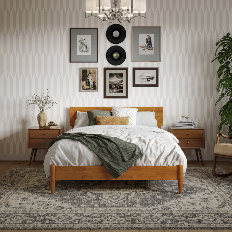 Light Toffee Full Solid Wood Low Profile Platform Bed with Adjustable Headboard