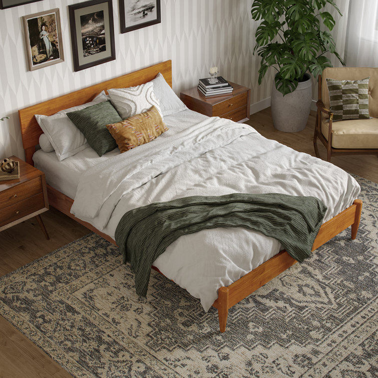 Light Toffee Full Solid Wood Low Profile Platform Bed with Adjustable Headboard