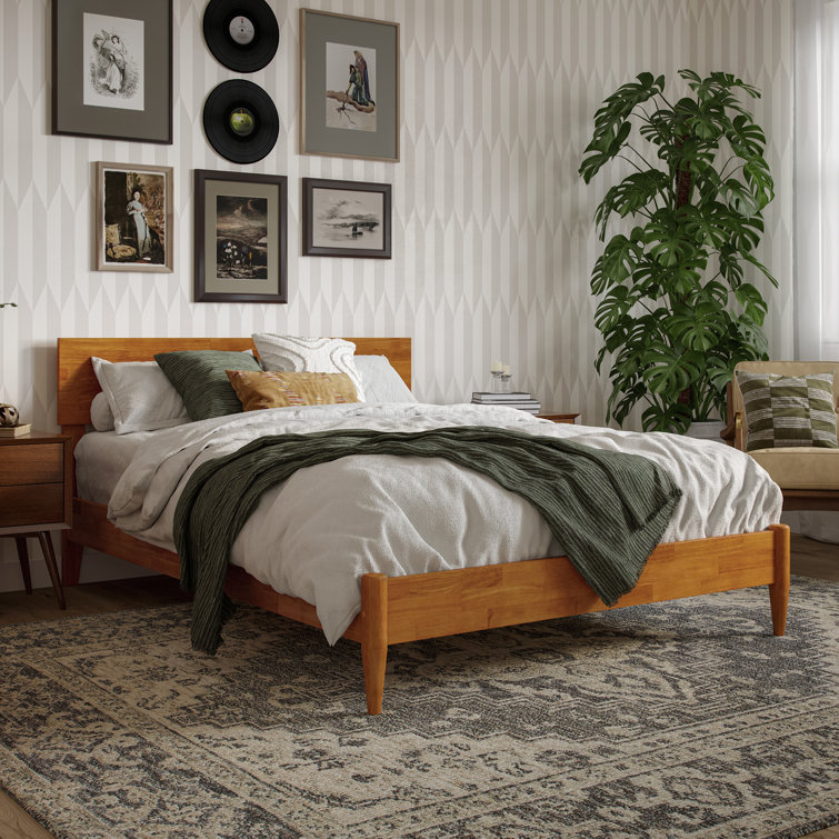 Light Toffee Full Solid Wood Low Profile Platform Bed with Adjustable Headboard