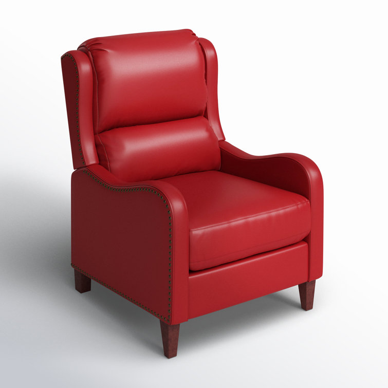 Red Genuine Leather Club Recliner with Wood Legs
