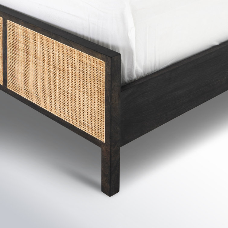 Twin Black-Brown Mango Wood & Cane Panel Bed with Slats