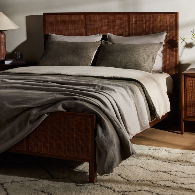 Brown Wash Queen Wood Panel Bed with Woven Cane Headboard