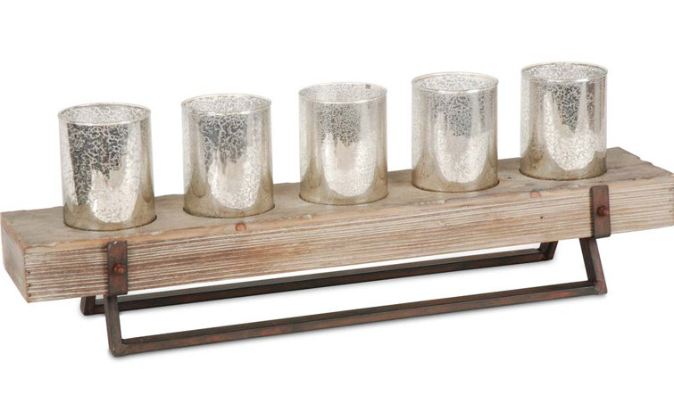 Rustic Wood and Metal Candle Holder with Mercury Glass Cups