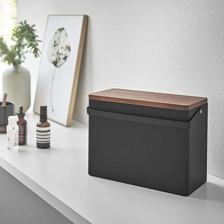 Yamazaki Home Compact Black Steel & Wood Odds-and-Ends Organizer with Lid