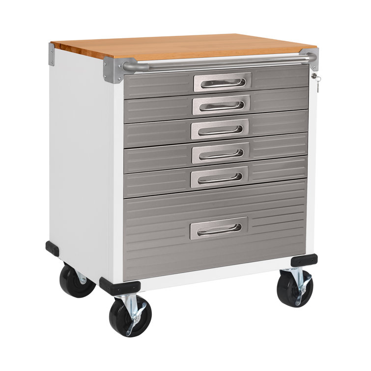 White Heavy-Duty Steel 6-Drawer Rolling Cabinet with Wood Top