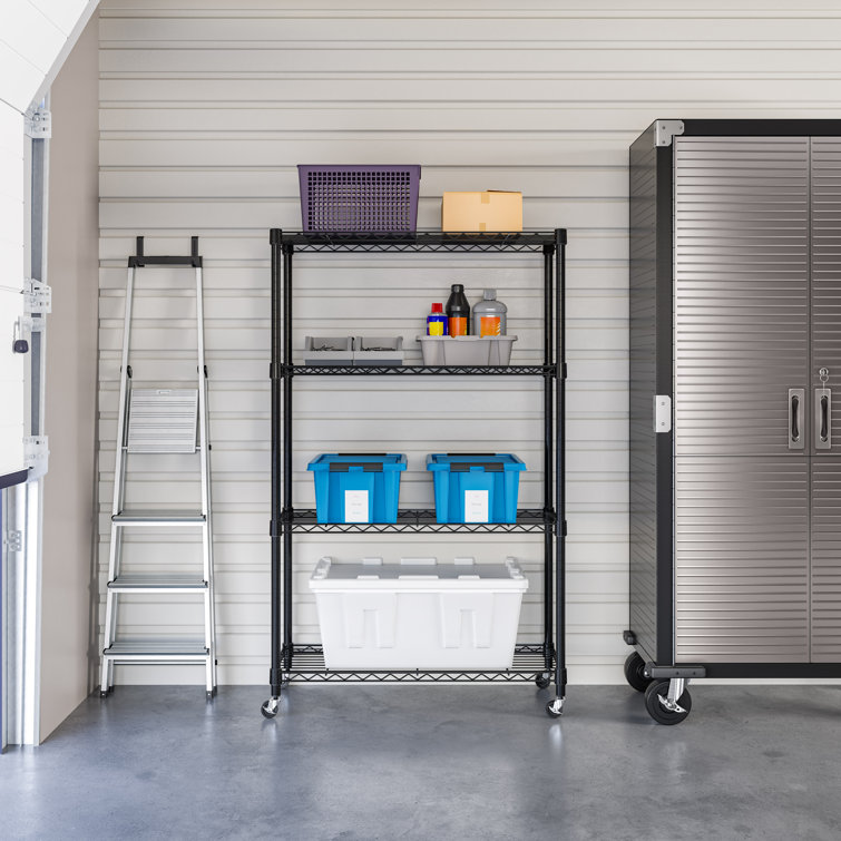 Adjustable Black Steel 4-Tier Wire Shelving Unit with Wheels