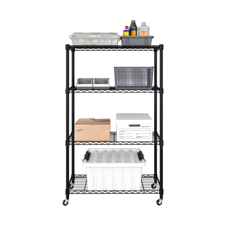 Adjustable Black Steel 4-Tier Wire Shelving Unit with Wheels