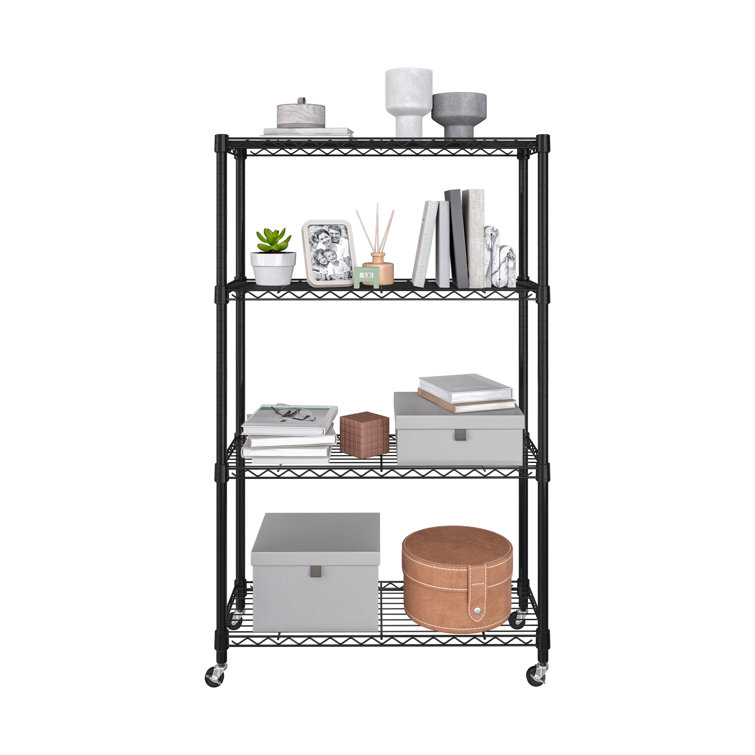 Adjustable Black Steel 4-Tier Wire Shelving Unit with Wheels