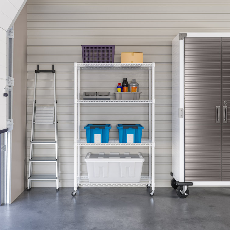 White Adjustable 4-Tier Steel Wire Shelving Unit with Wheels