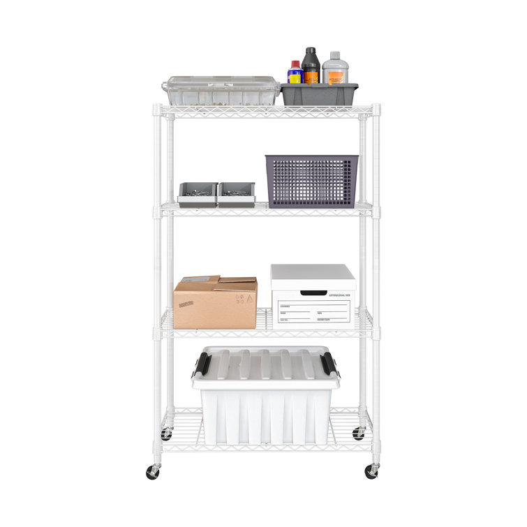 White Adjustable 4-Tier Steel Wire Shelving Unit with Wheels