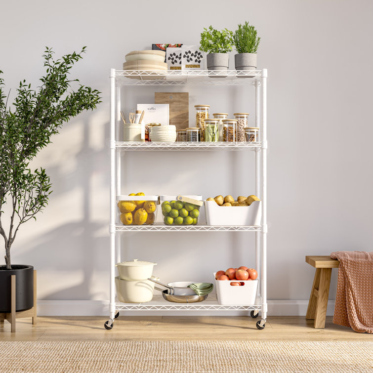 White Adjustable 4-Tier Steel Wire Shelving Unit with Wheels