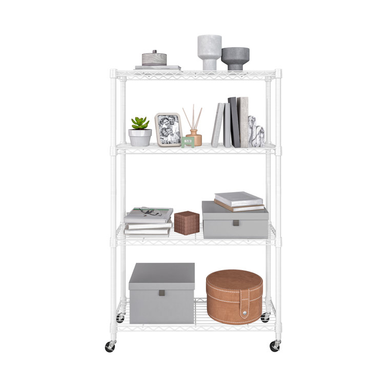 White Adjustable 4-Tier Steel Wire Shelving Unit with Wheels