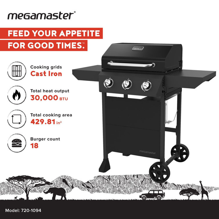Megamaster Black 3-Burner Propane Gas Grill with Side Tables
