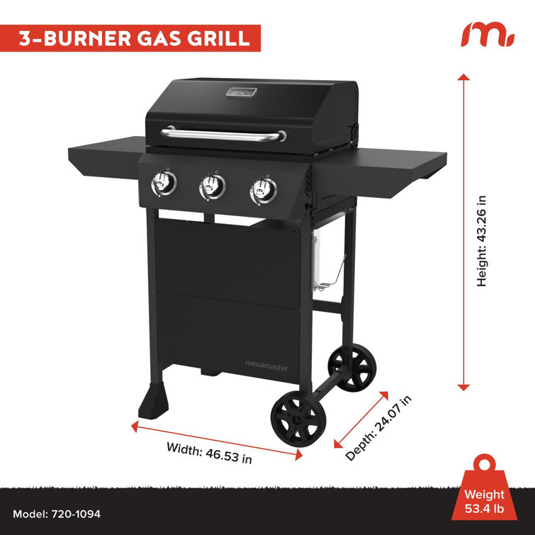 Megamaster Black 3-Burner Propane Gas Grill with Side Tables