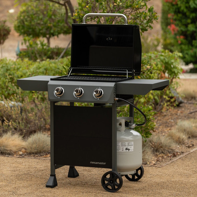 Megamaster Black 3-Burner Propane Gas Grill with Side Tables
