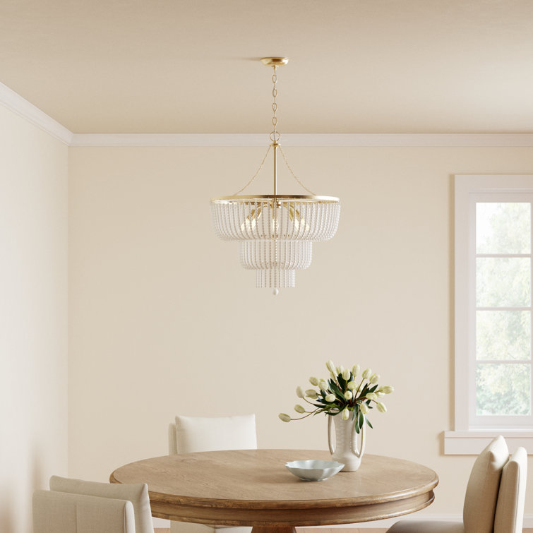 Satin Brass and White Beaded 6-Light Tiered Chandelier