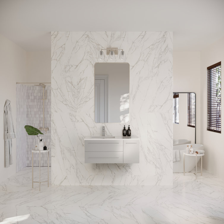 Gray Solid Wood and MDF Wall Mount Vanity with Quartz Stone Top