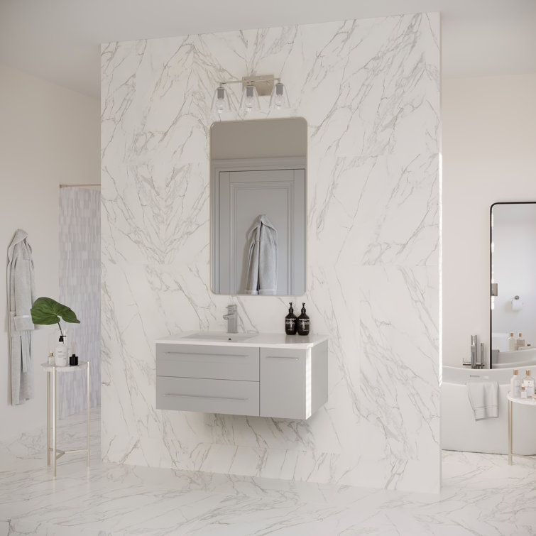 Gray Solid Wood and MDF Wall Mount Vanity with Quartz Stone Top
