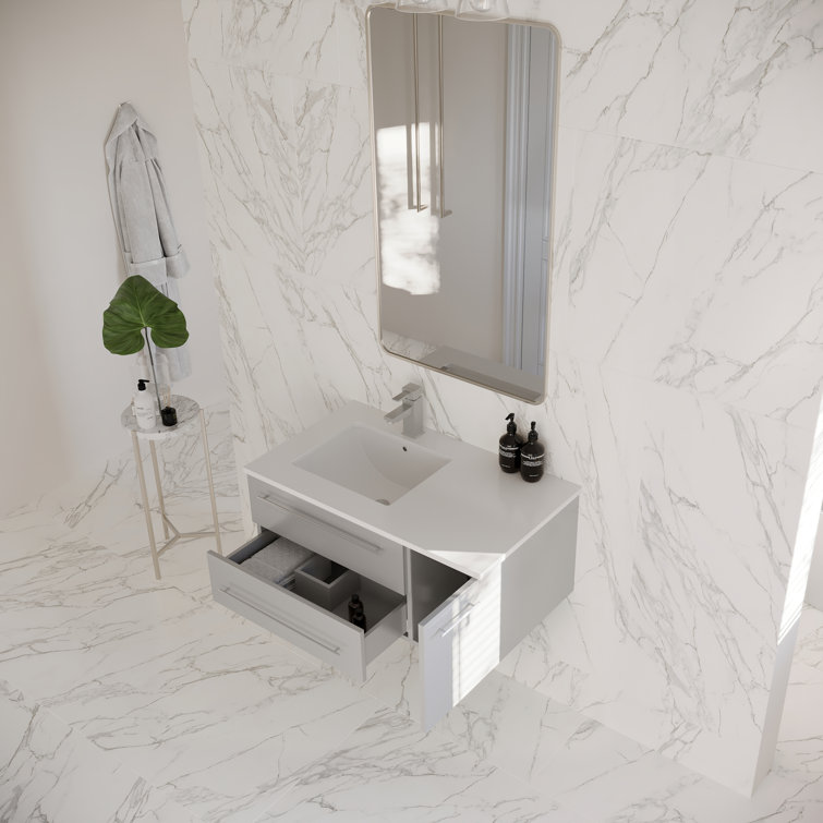 Gray Solid Wood and MDF Wall Mount Vanity with Quartz Stone Top