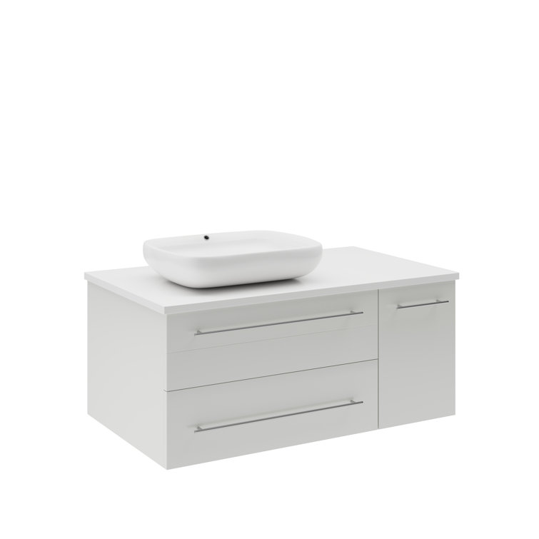 Lucera 36" White Quartz Stone Wall-Mount Vanity with Vessel Sink