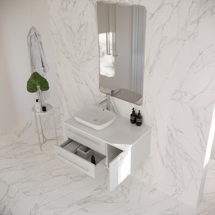 Lucera 36" White Quartz Stone Wall-Mount Vanity with Vessel Sink