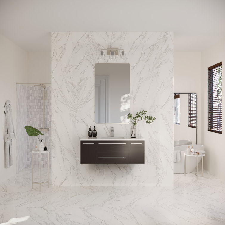 Espresso Solid Wood Wall Mount Vanity with Quartz Top and Ceramic Sink