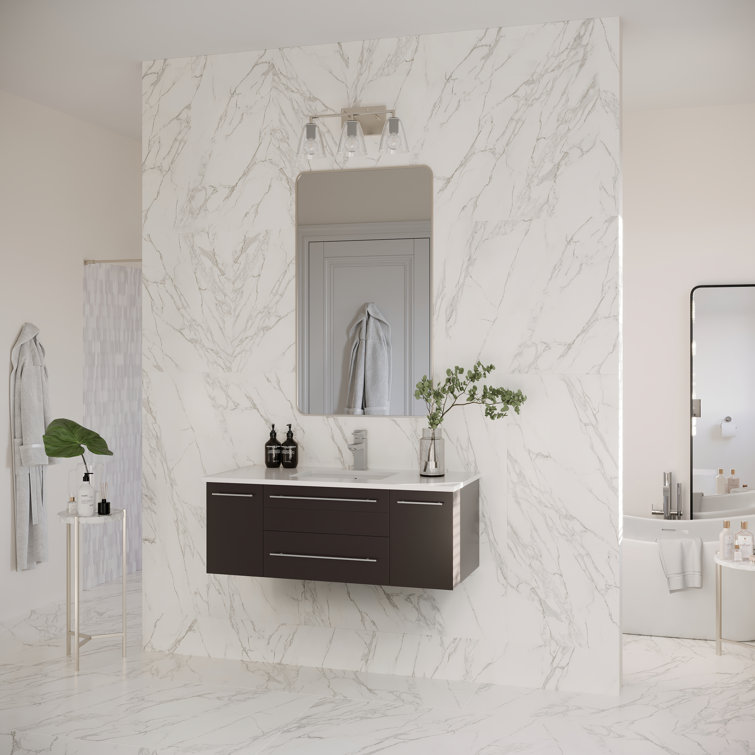 Espresso Solid Wood Wall Mount Vanity with Quartz Top and Ceramic Sink