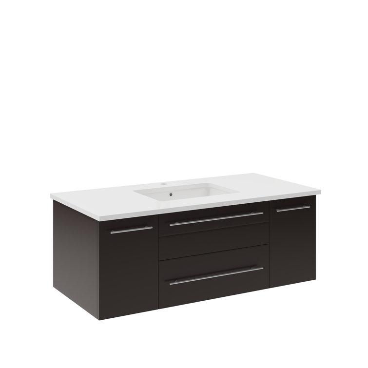 Espresso Solid Wood Wall Mount Vanity with Quartz Top and Ceramic Sink