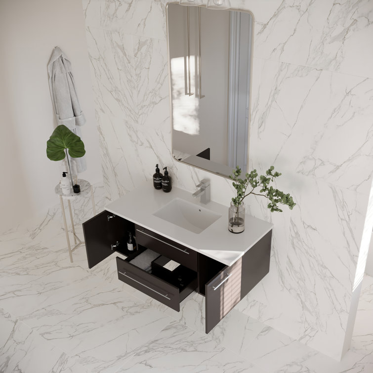 Espresso Solid Wood Wall Mount Vanity with Quartz Top and Ceramic Sink