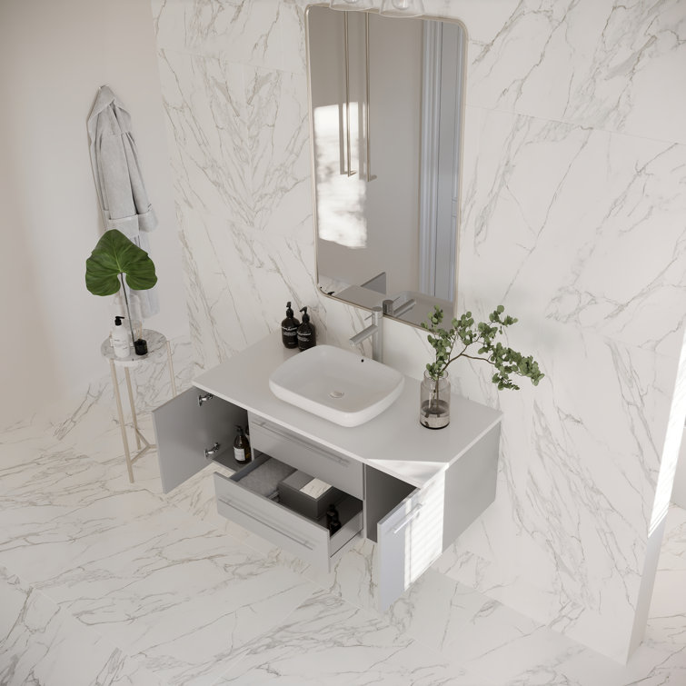 Lucera 42" Gray Wall Mount Vanity with Quartz Top and Vessel Sink