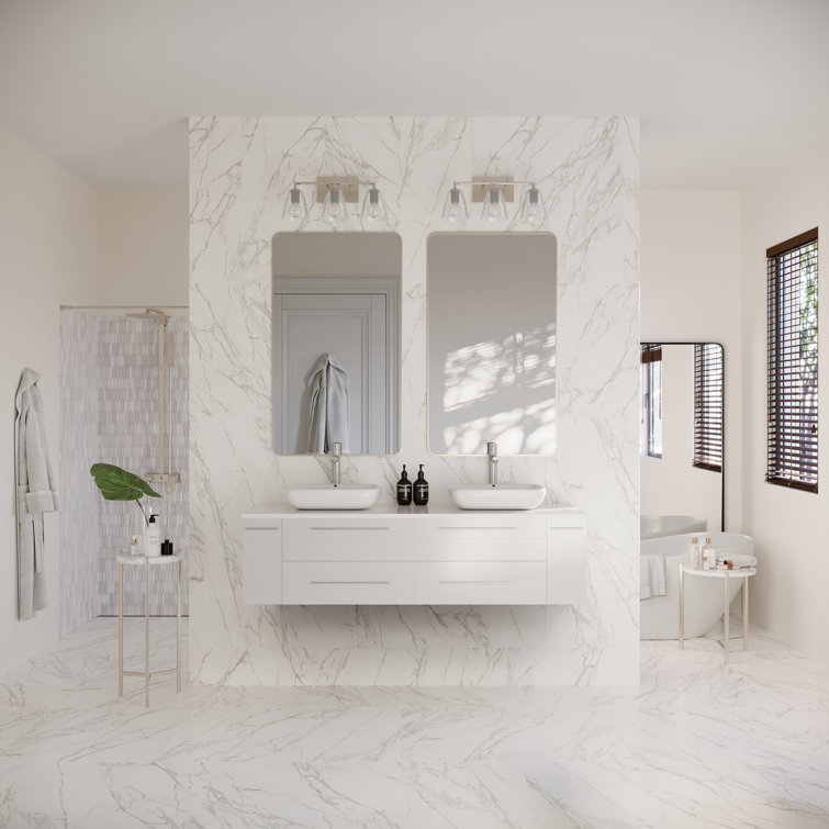 Modern 60" White Quartz Stone Double Vessel Sink Wall-Mount Vanity