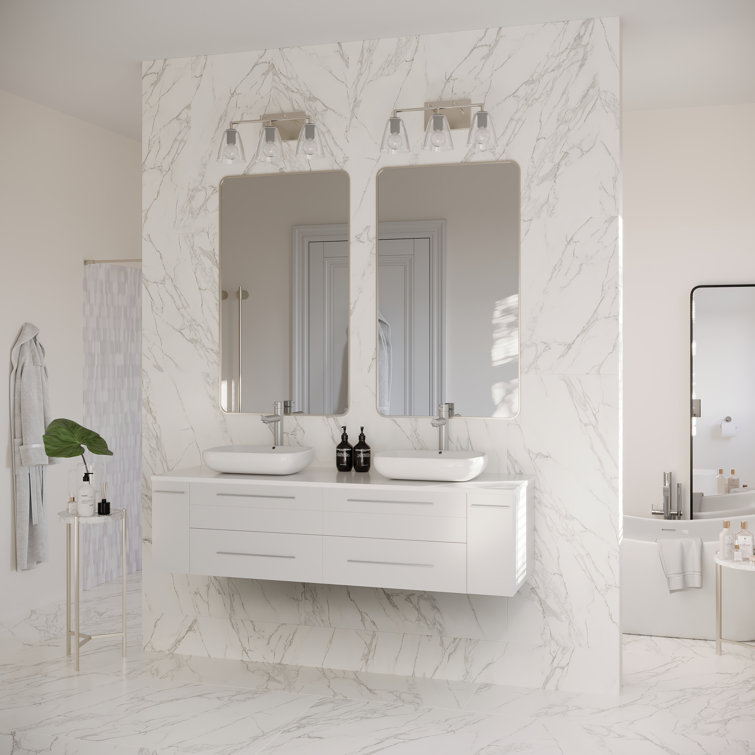 Modern 60" White Quartz Stone Double Vessel Sink Wall-Mount Vanity