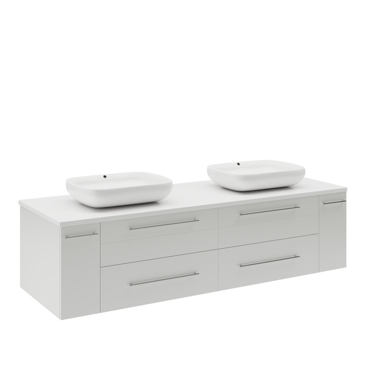 Modern 60" White Quartz Stone Double Vessel Sink Wall-Mount Vanity