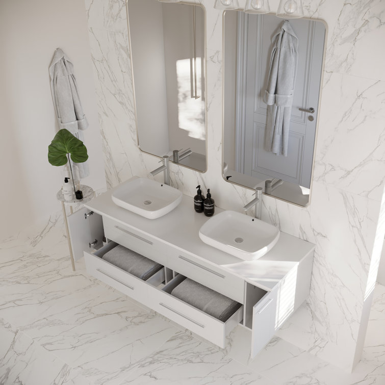 Modern 60" White Quartz Stone Double Vessel Sink Wall-Mount Vanity