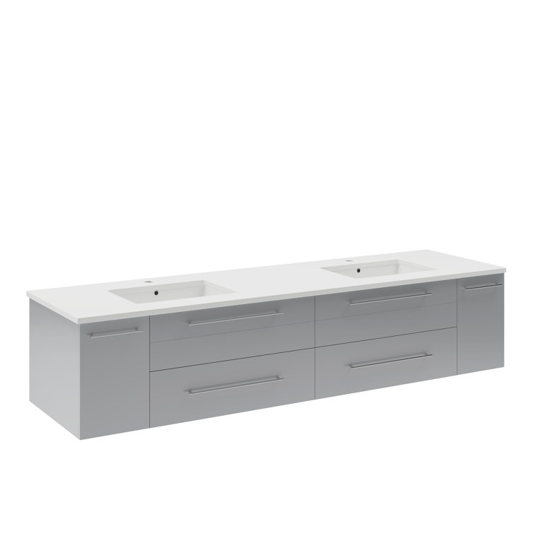 Lucera 72" Gray Quartz Stone Double Sink Wall Mount Vanity