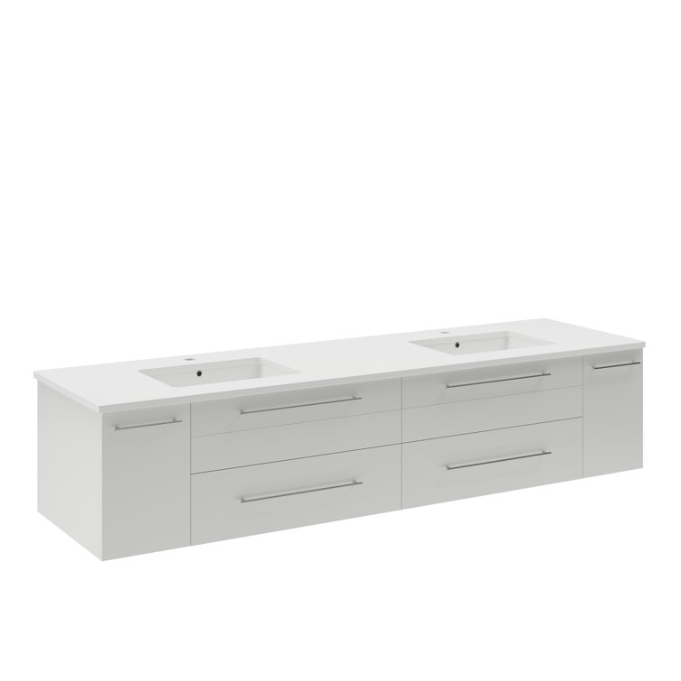 72" White Modern Wall-Mount Double Vanity with Quartz Top
