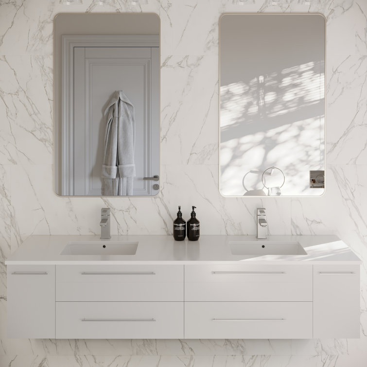 72" White Modern Wall-Mount Double Vanity with Quartz Top