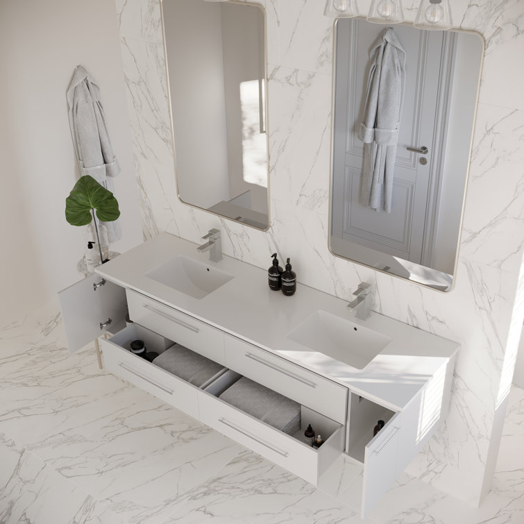 72" White Modern Wall-Mount Double Vanity with Quartz Top