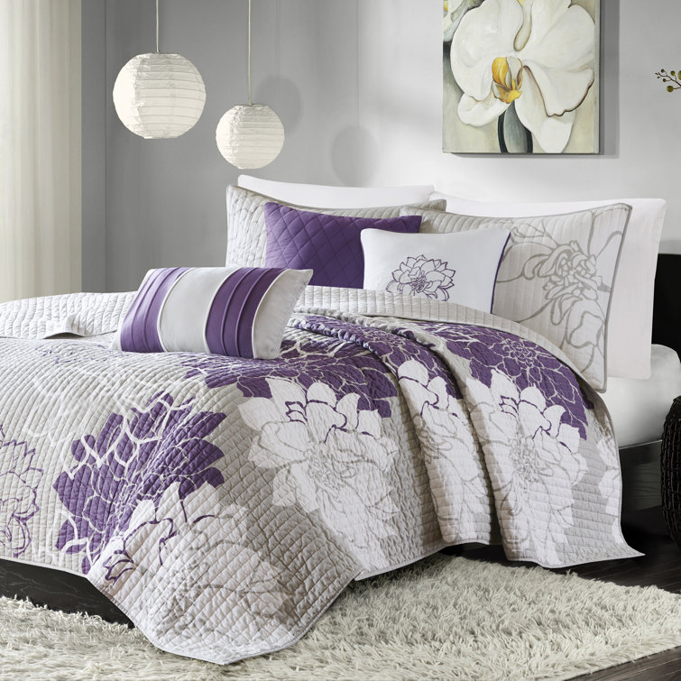 Purple Floral Reversible Cotton Full Quilt Set