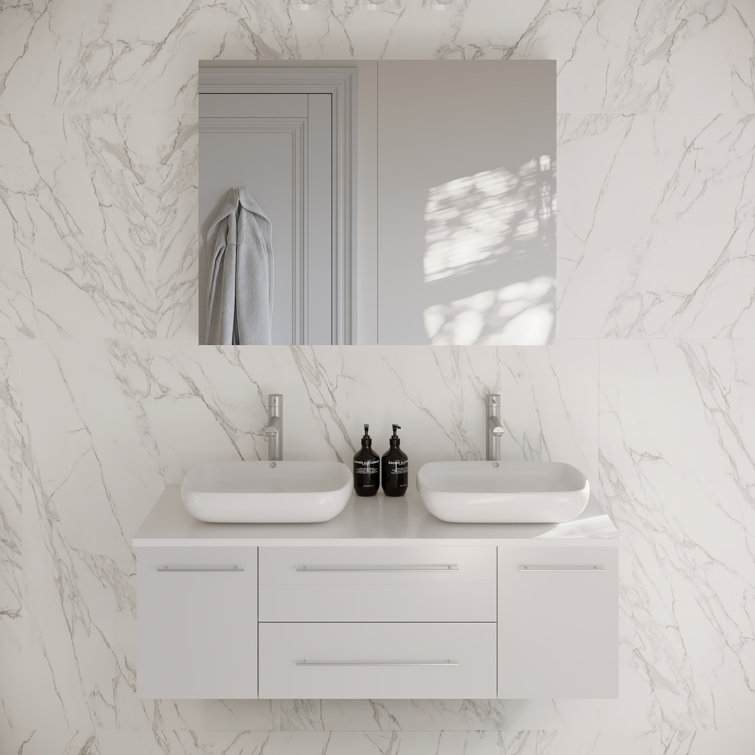 Lucera 48" White Wall Mount Double Vessel Sink Bathroom Vanity