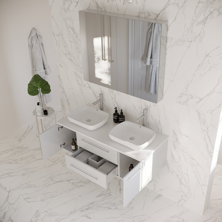 Lucera 48" White Wall Mount Double Vessel Sink Bathroom Vanity