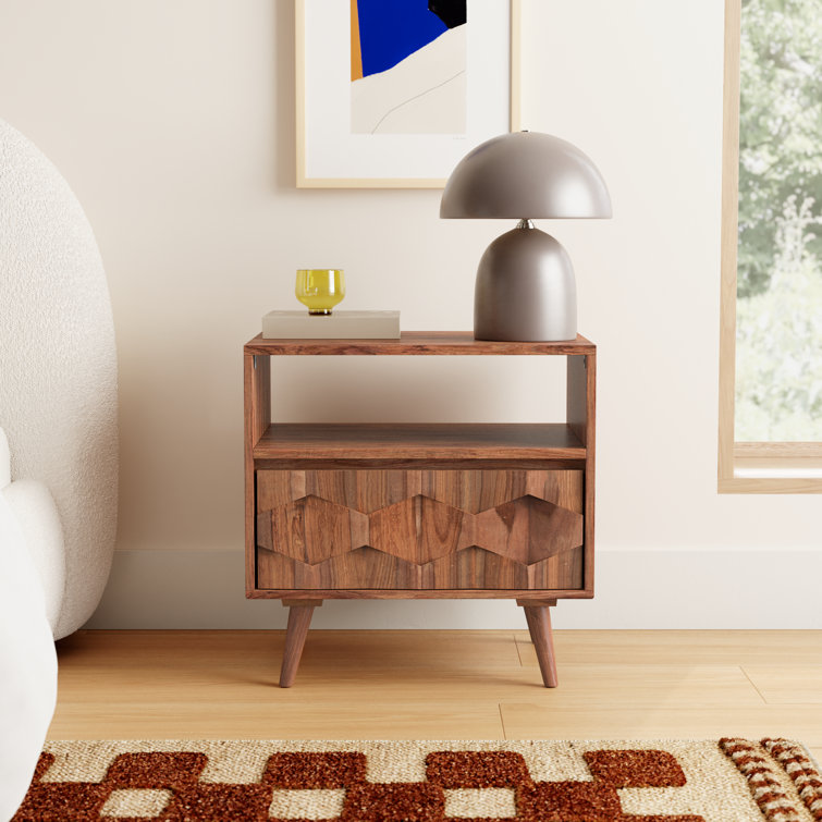 Mid-Century Sheesham Wood 22" Brown Nightstand with Drawer