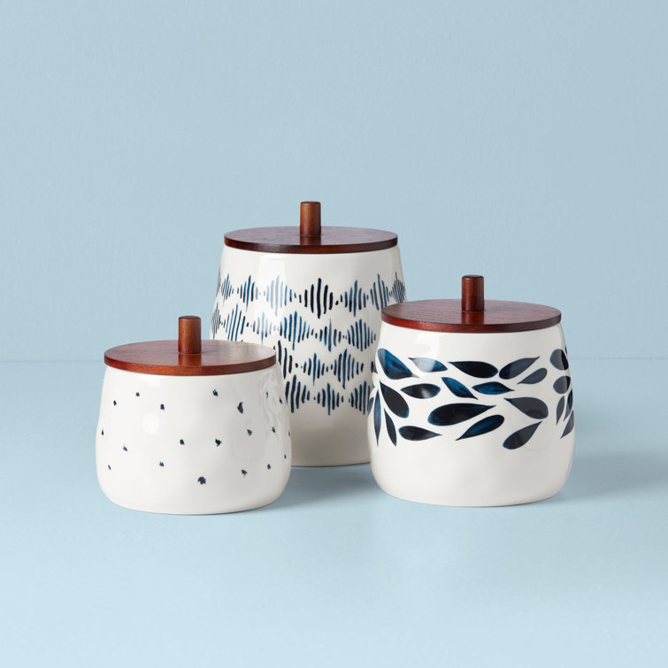 Blue and White Porcelain Canister Set with Wooden Lids